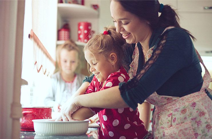 Mother baking with her children